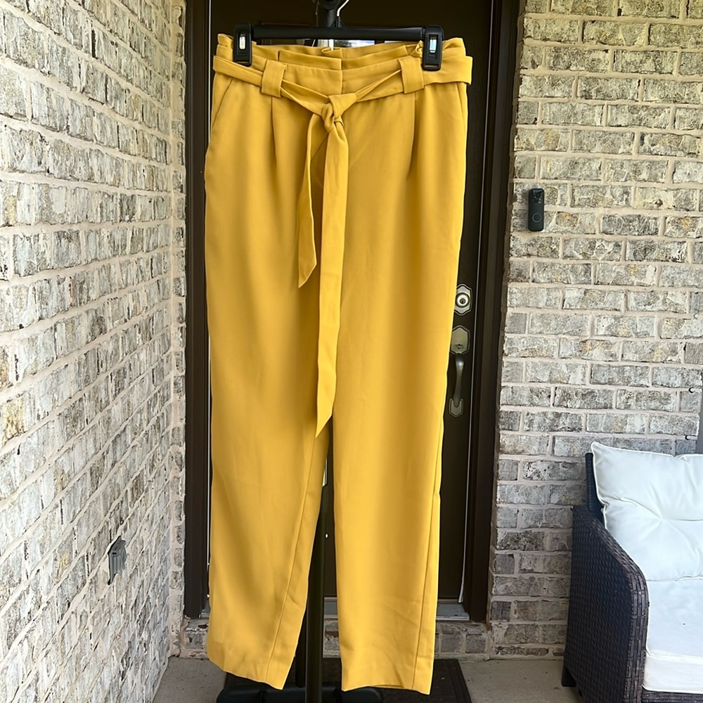Express Ankle High Rise Trouser Pants w/ Tie Front in Mustard.